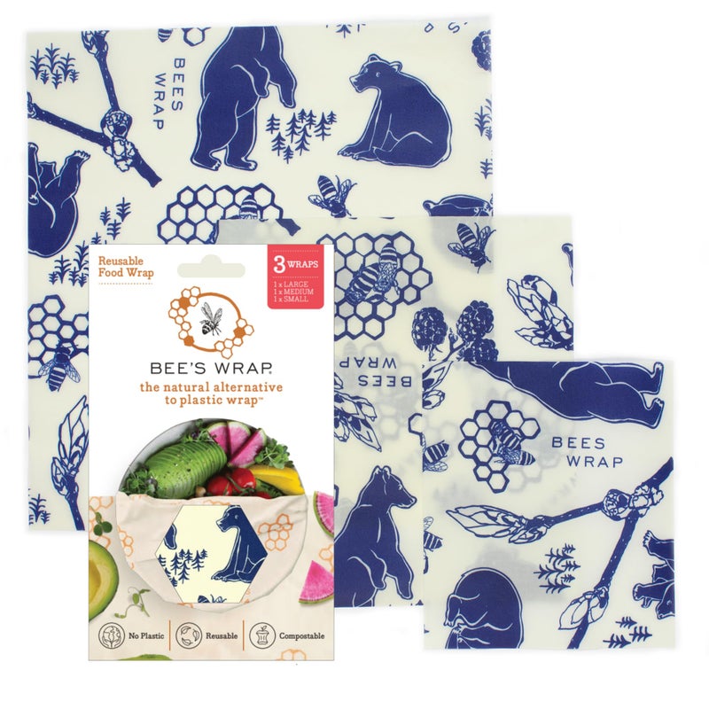 Bee's Wrap Beeswax Wraps for Food - Made in USA Reusable & Organic Food Wraps, Sandwich Wrap & Bowl Covers - Eco-Friendly Alternative to Aluminum Foil & Plastic Wrap, Bee's + Bears 3 Pack (S, M, L) - Image 1